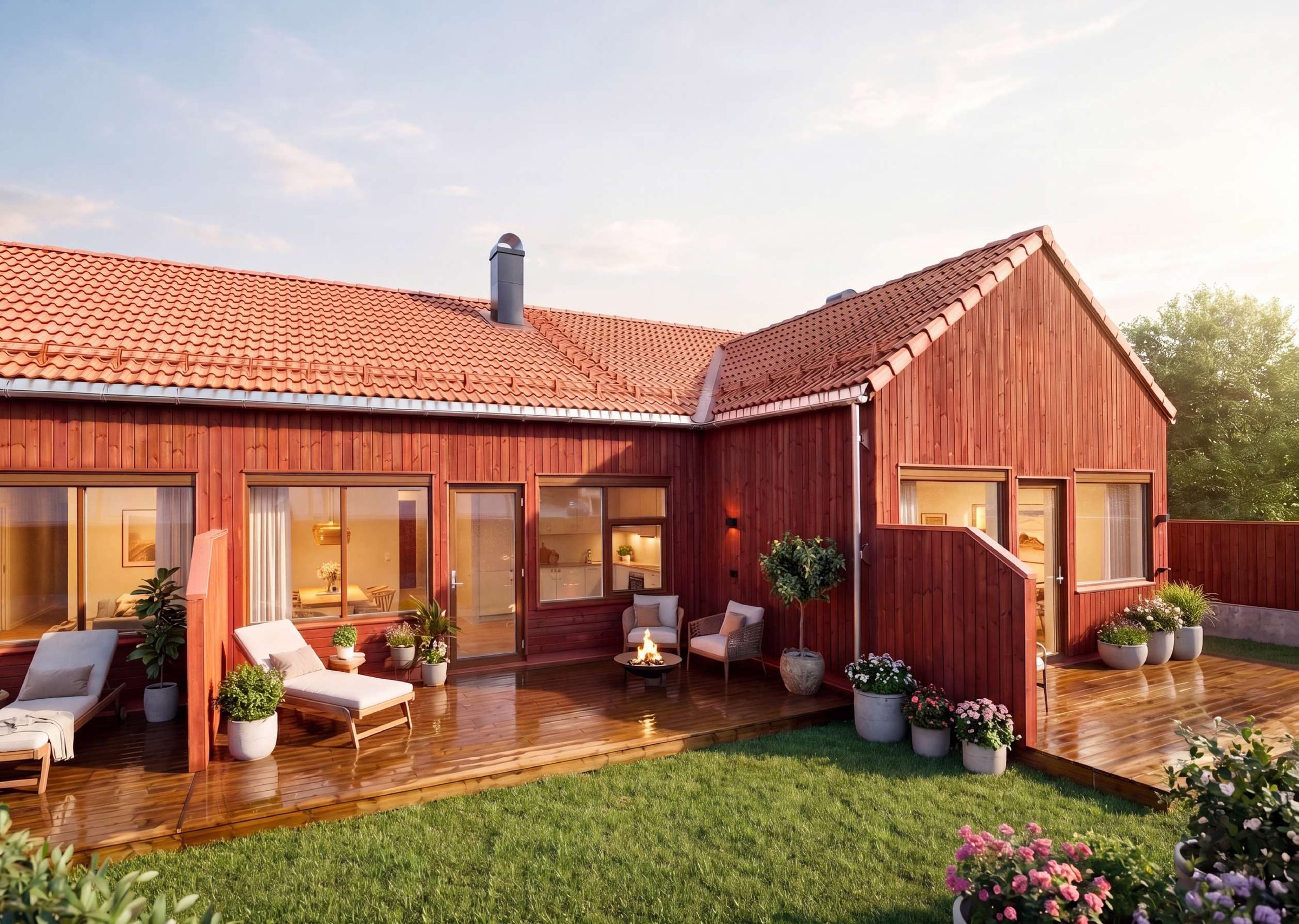 Fasaden i låverød med terrasse i solnedgang