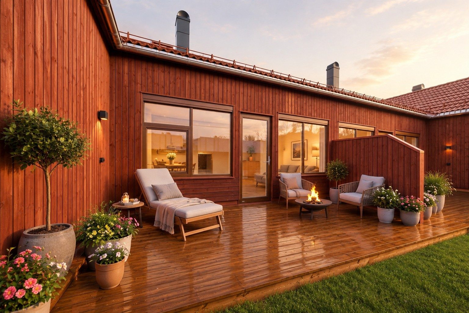 Låverød bolig med solrik terrasse og bålpanne i solnedgang